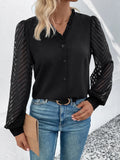 Mesh V-Neck Button Front Blouse with Lace Accents