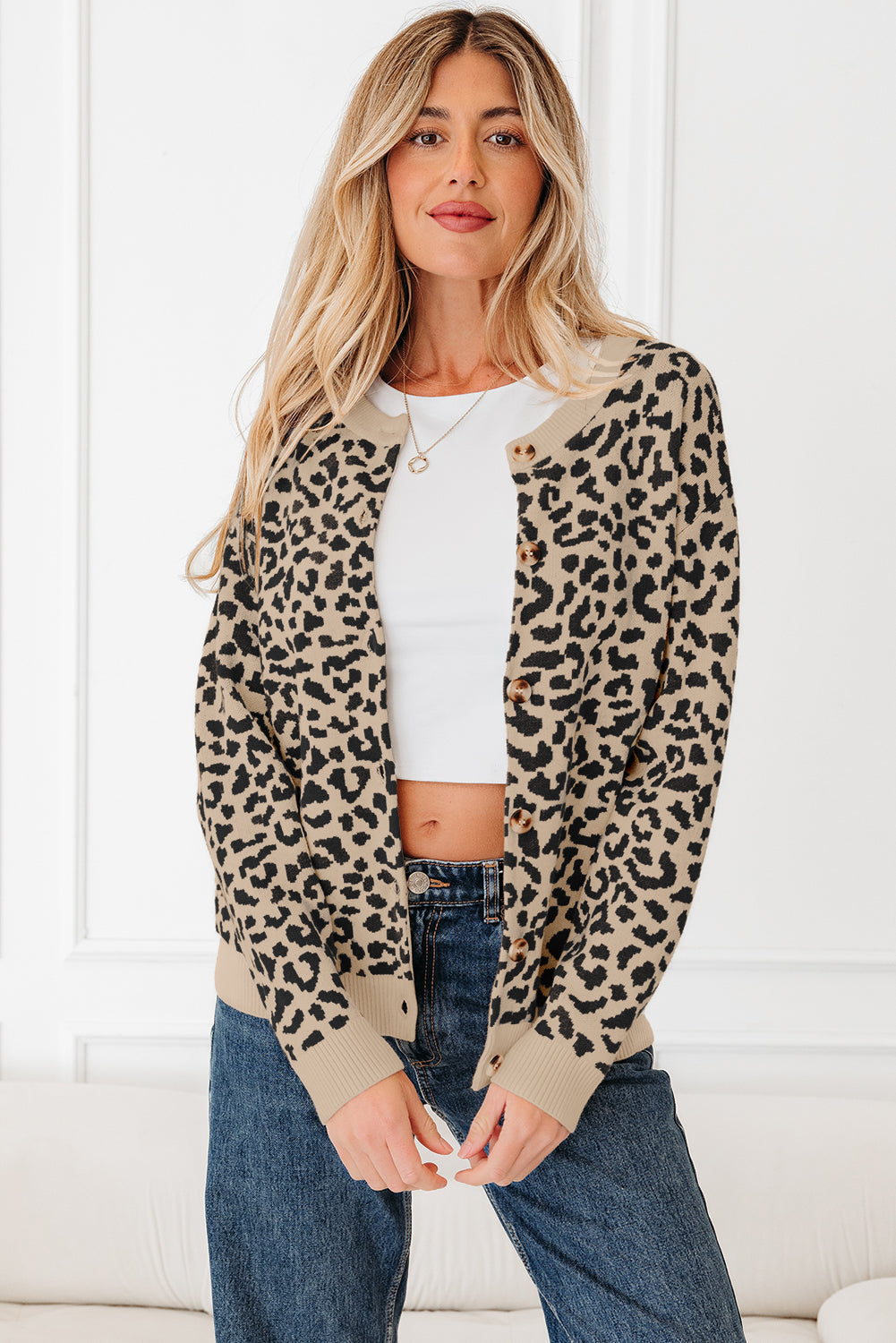 Black Leopard Drop Shoulder Chunky Knitted Cardigan Sweater