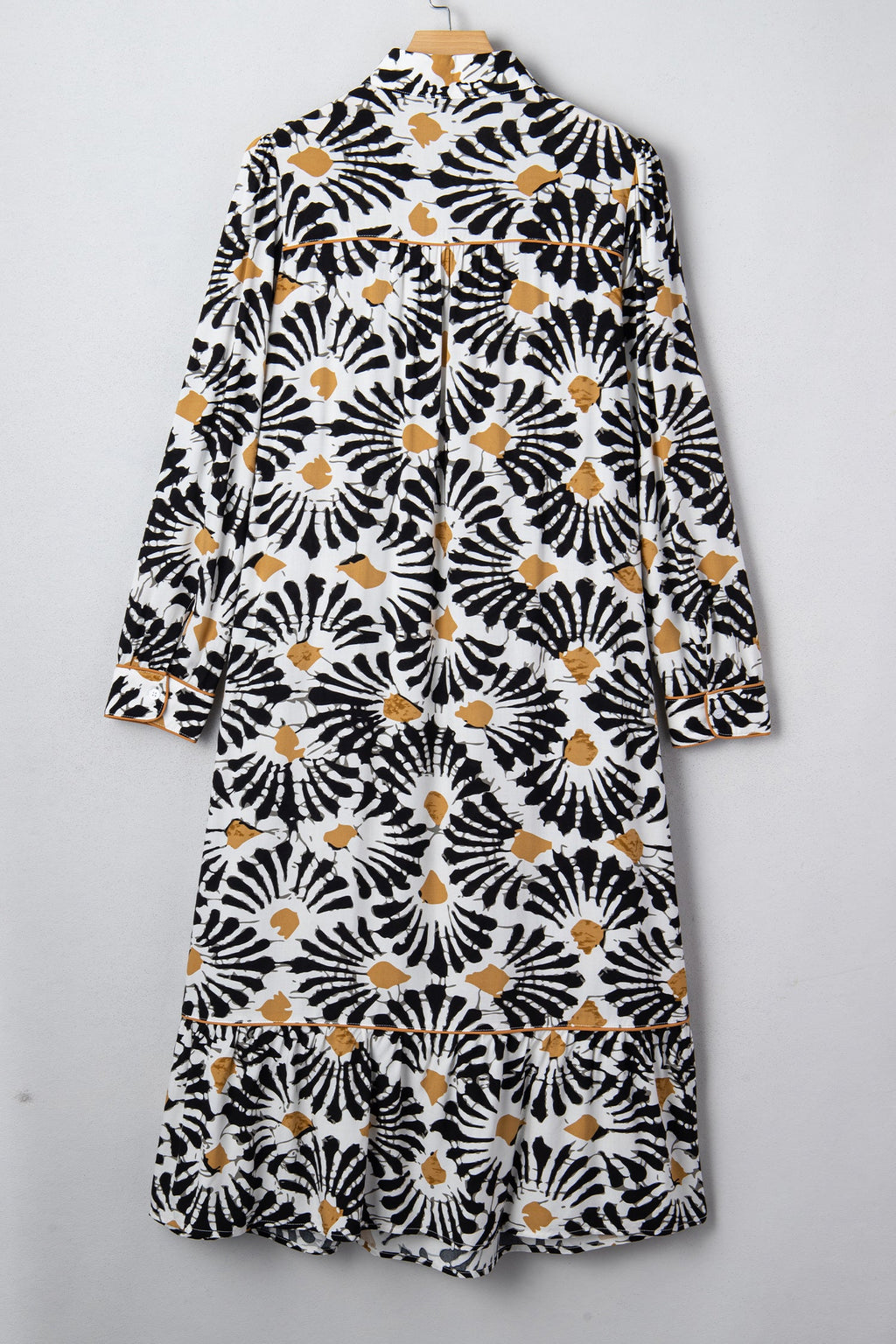 Black Abstract Floral Print Split V Neck Long Dress with Sleeves