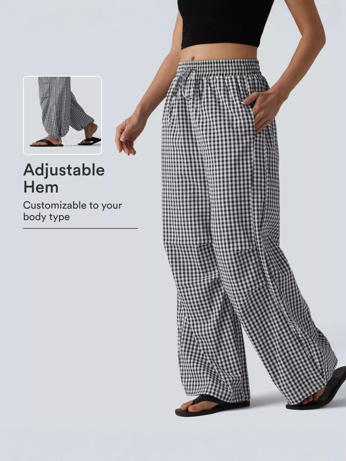 High-Waisted Gingham Wide-Leg Drawstring Pants