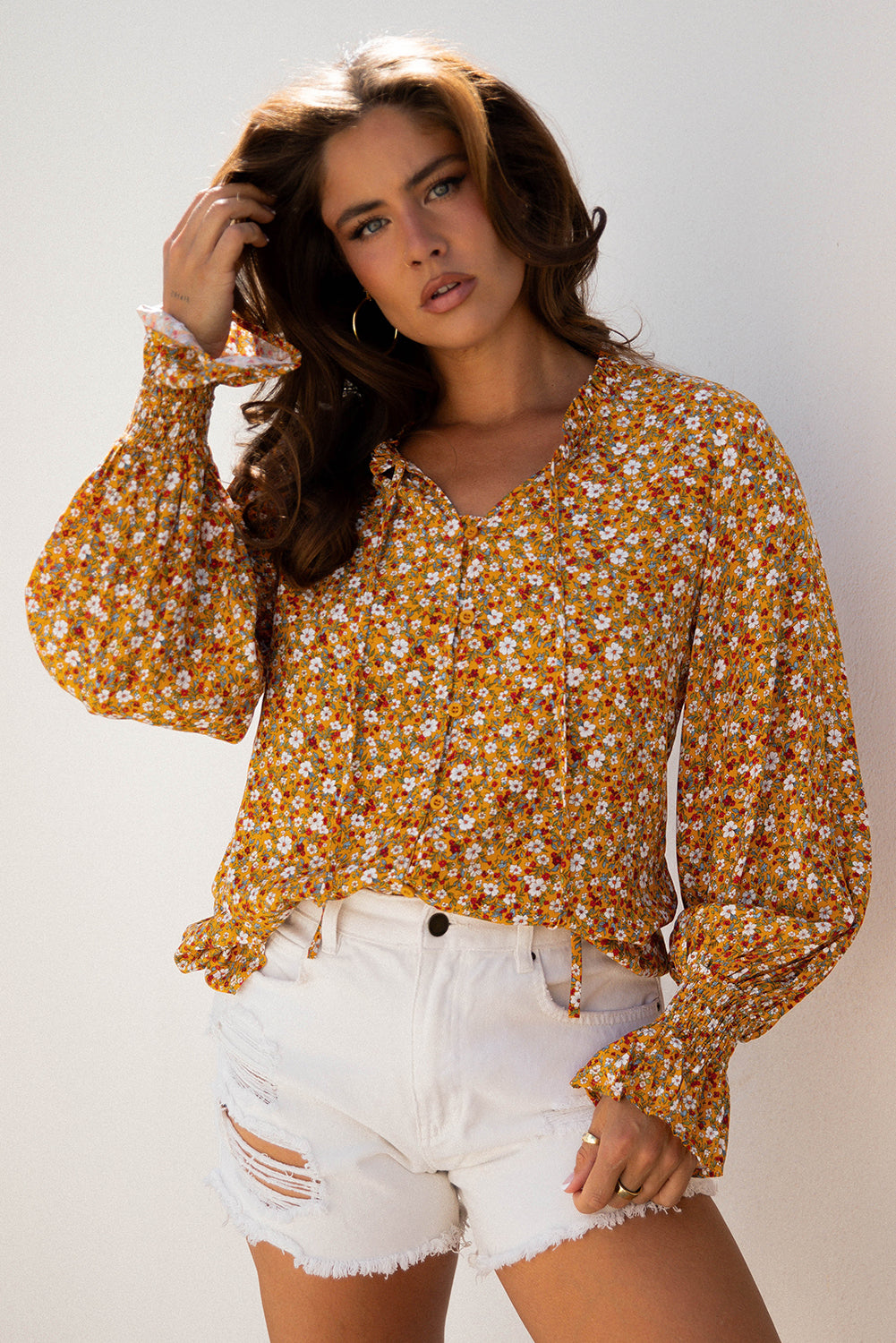 Boho Floral Ruffle Bubble Sleeve V-Neck Blouse