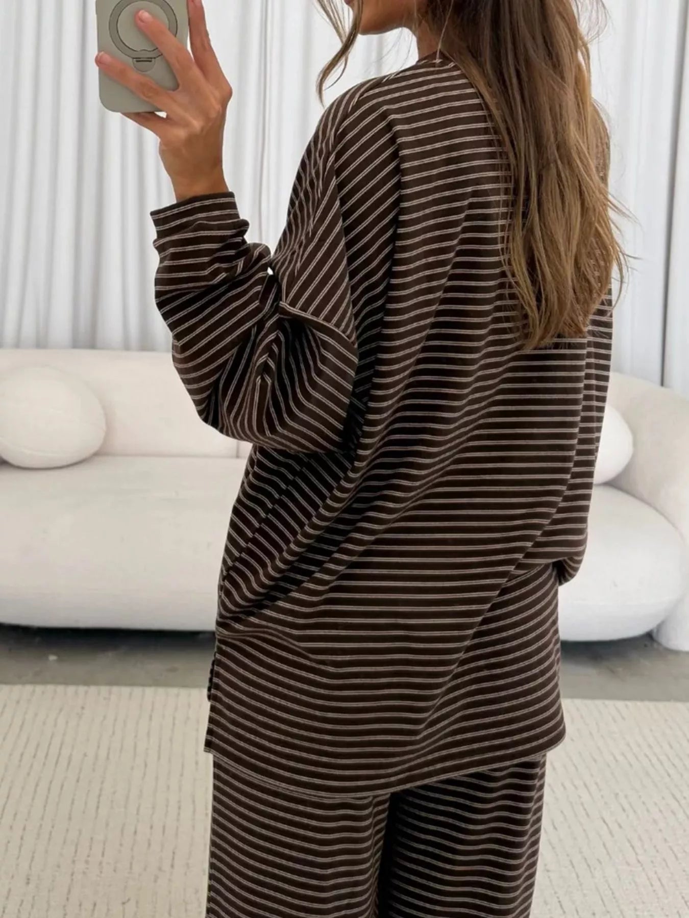 Striped Long Sleeve Top and Wide Leg Pants Set