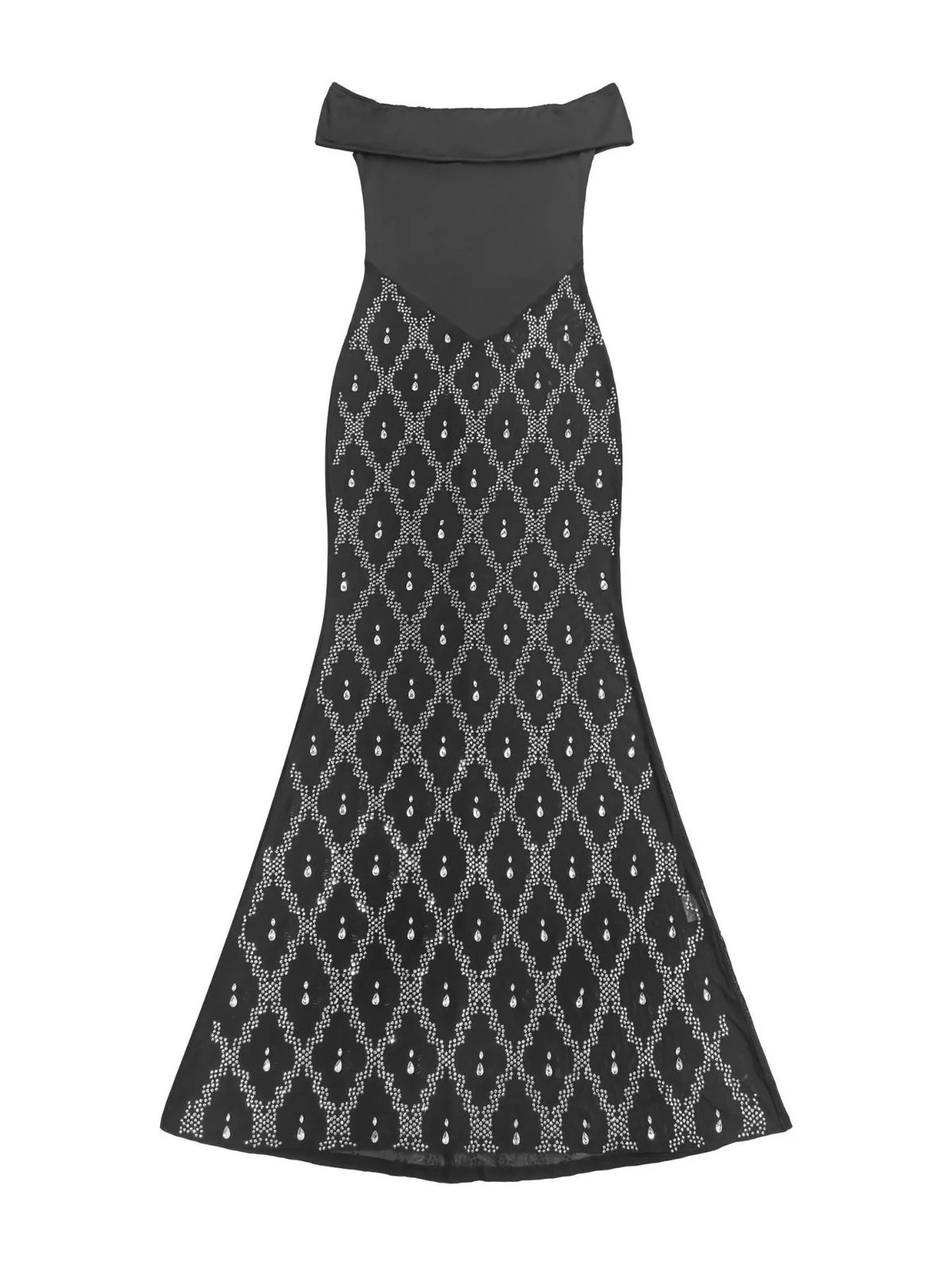 Off-Shoulder Sheer Rhinestone Embellished Maxi Dress