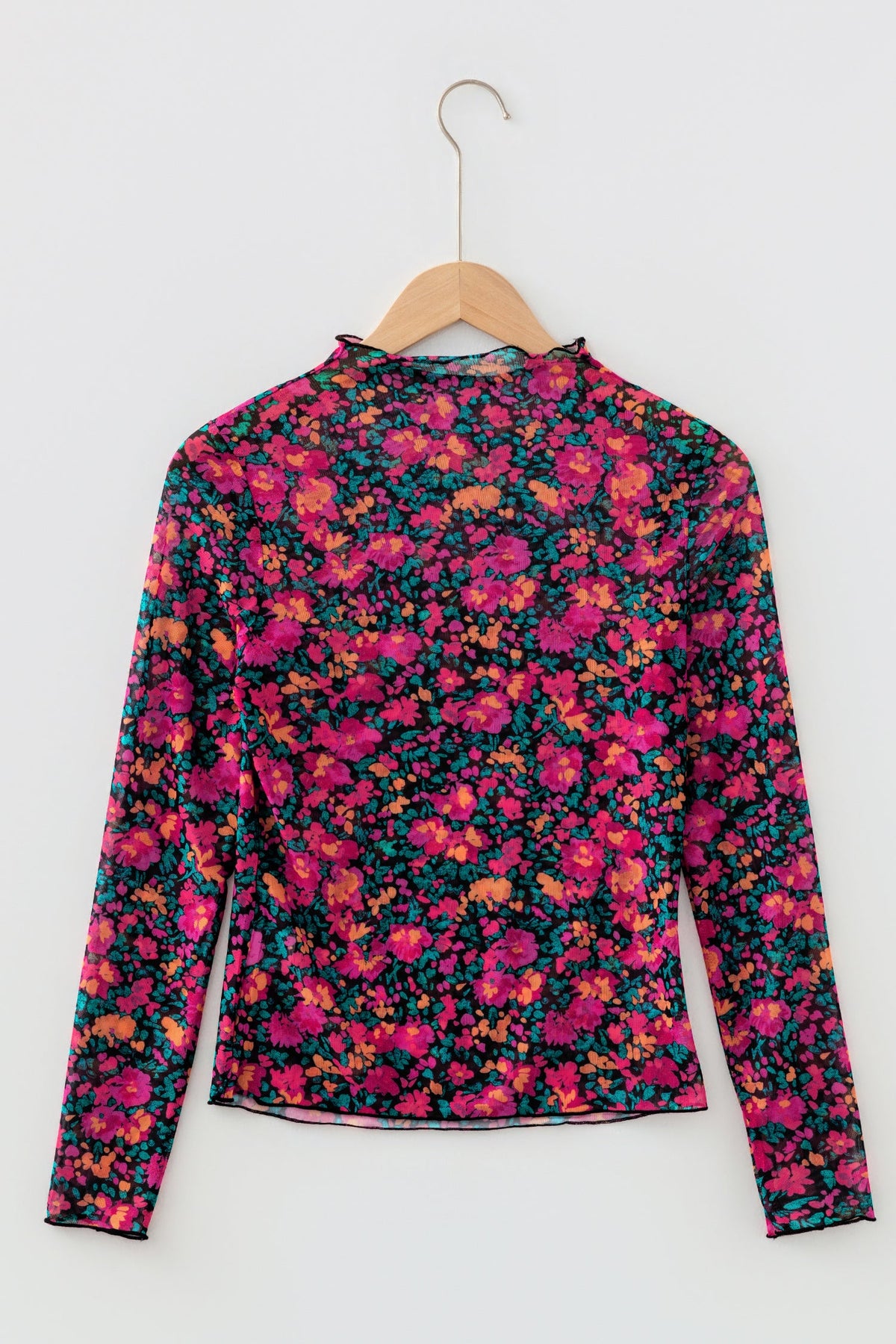 Floral Mesh Long Sleeve Mock Neck Top