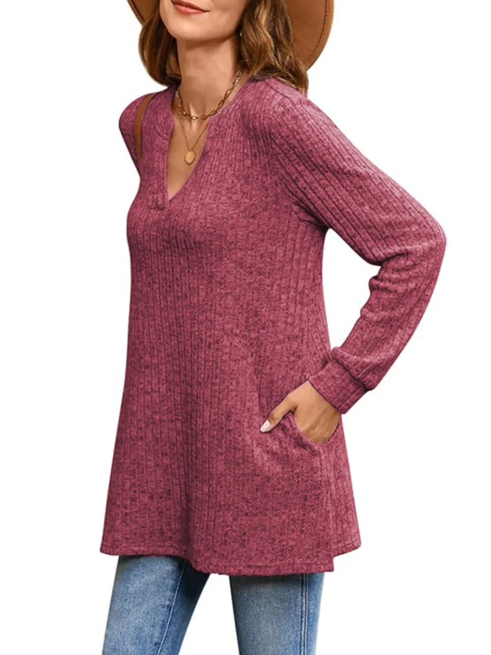 Ribbed Notched Long Sleeve T-Shirt