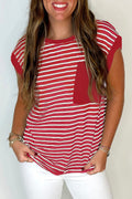 Red Stripe Chest Pocket Patch Round Neck Tank Top