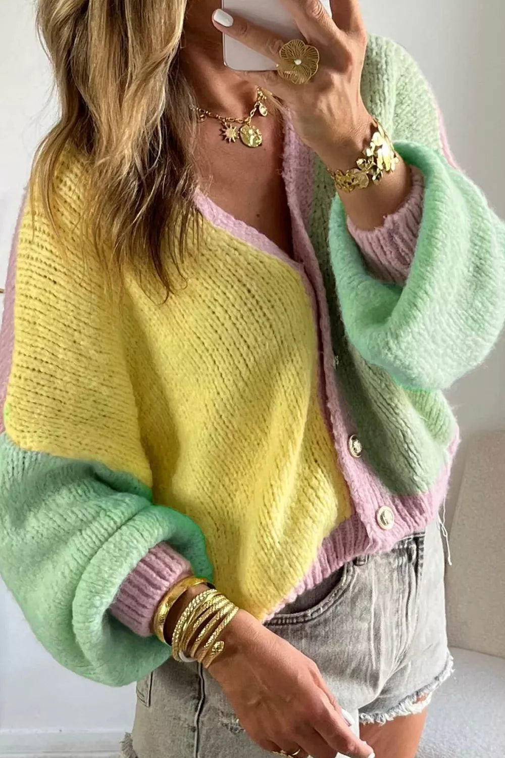 V Neck Drop Shoulder Patchwork Regular Wash Knitwear Cardigan