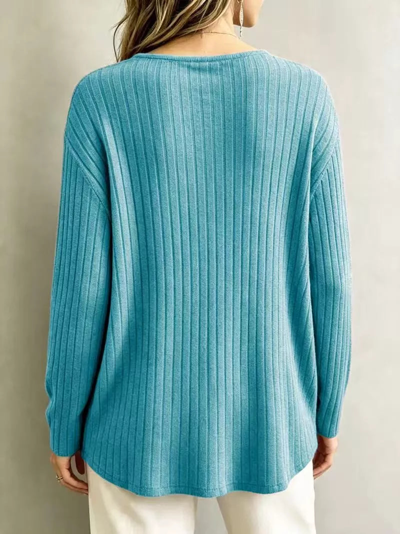 V-Neck Ribbed Long Sleeve T-Shirt