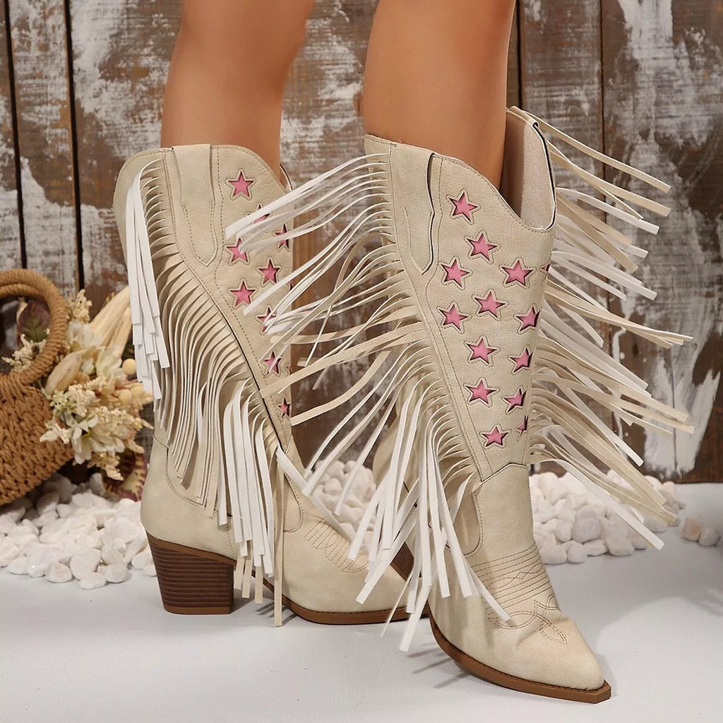 Star Fringe Block Heel Boots