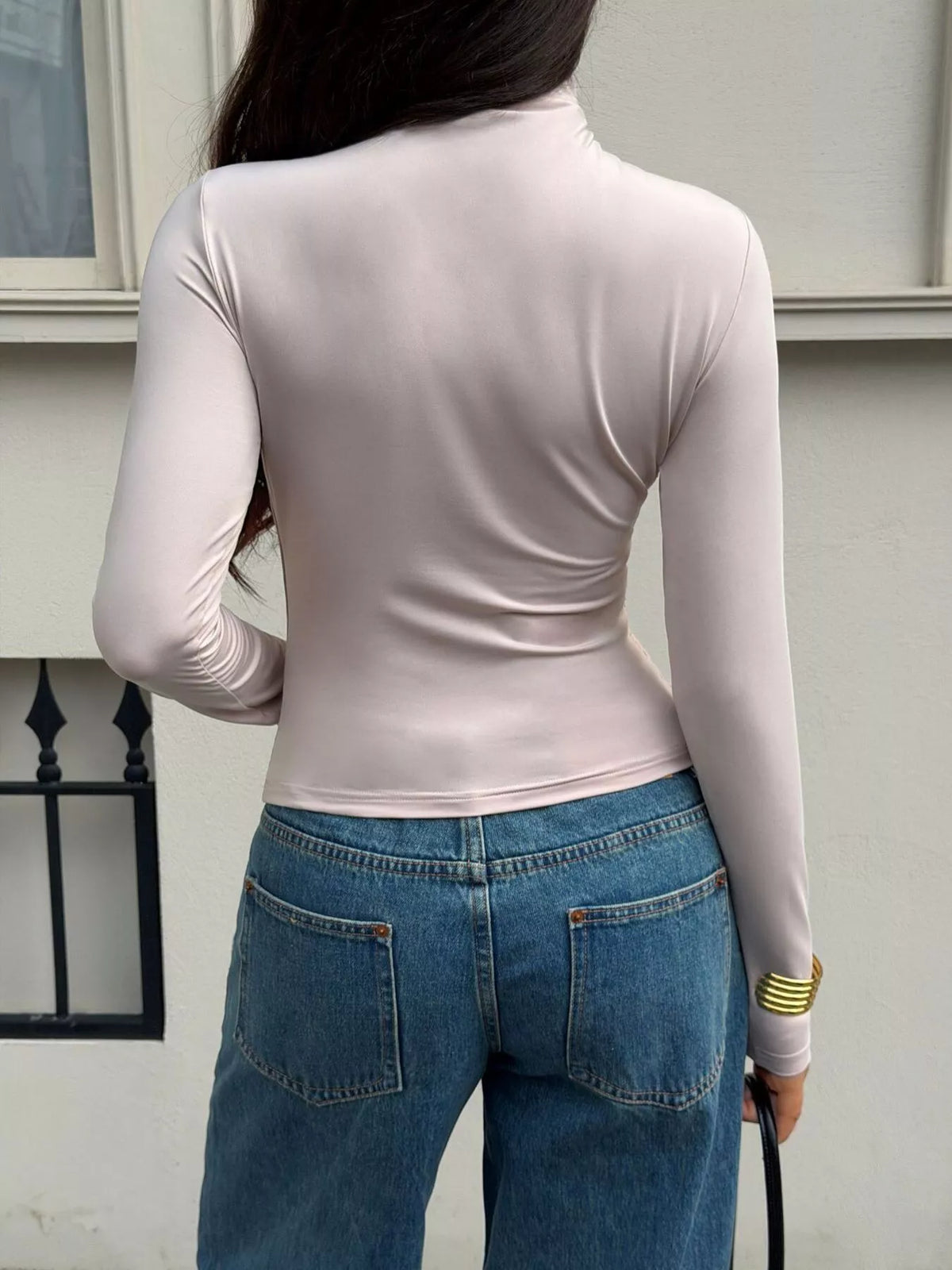 Mock Neck Ruched Slim-Fit Long Sleeve T-Shirt