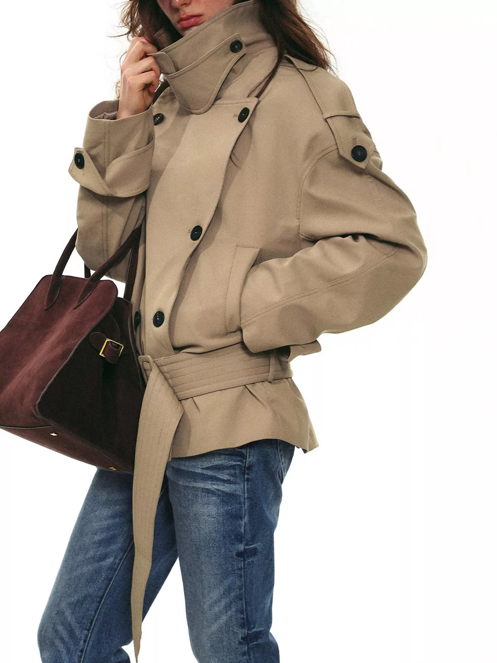 Belted Waist Button Up Trench Jacket
