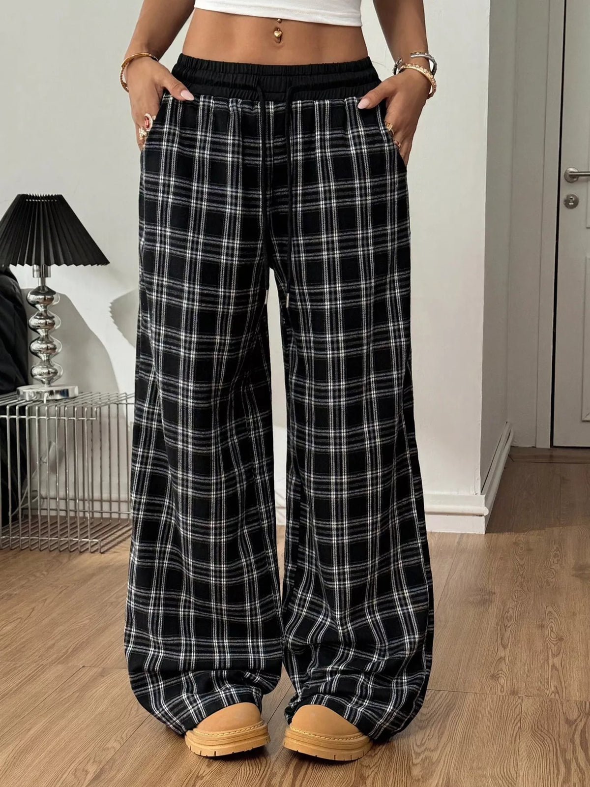 Plaid Wide-Leg Pants with Elastic Waistband