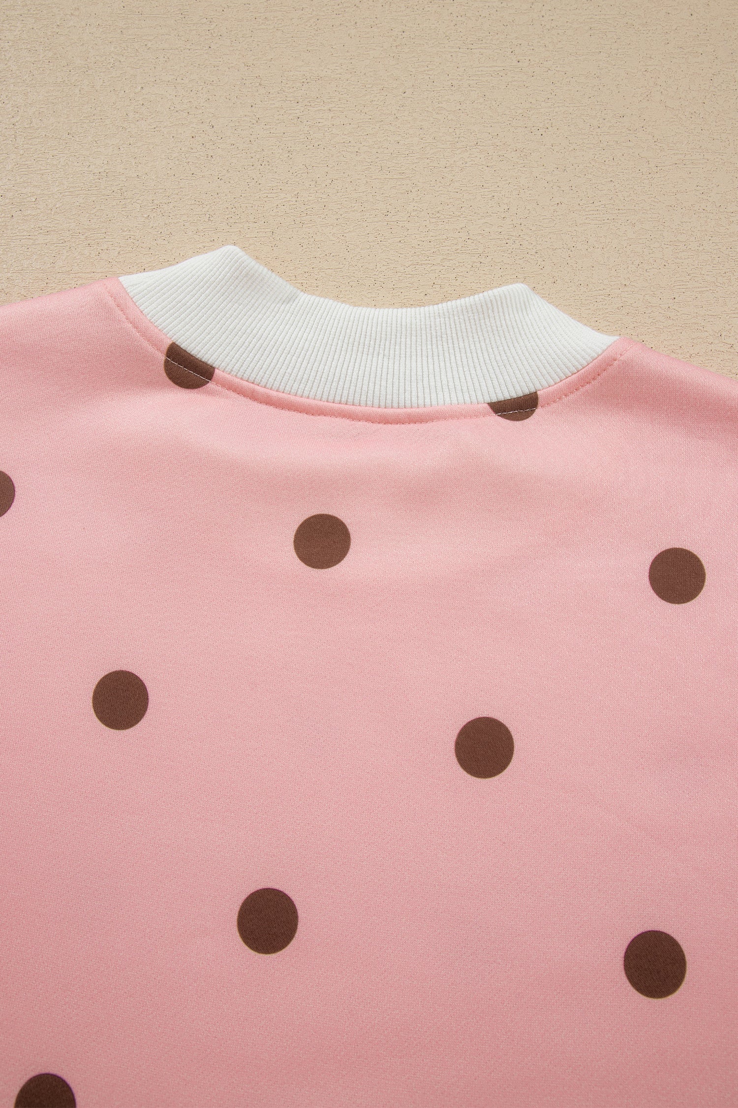 Brown Polka Dot Ribbed Trim Long Sleeve Top Casual Short Set