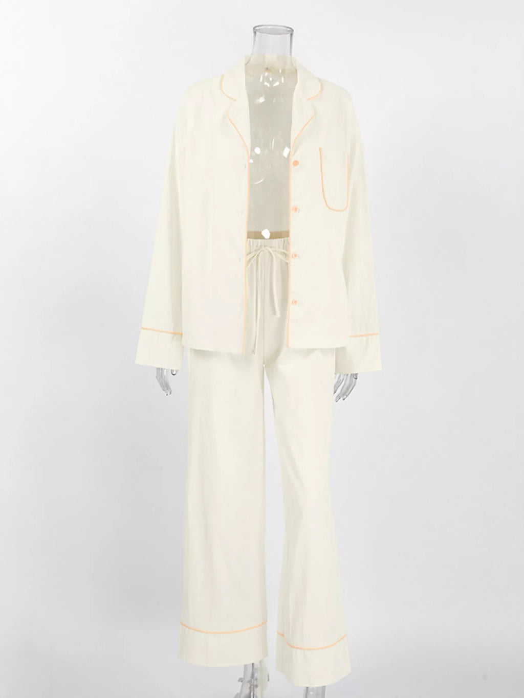 Contrast Trim Button-Down Top and Pants Lounge Set