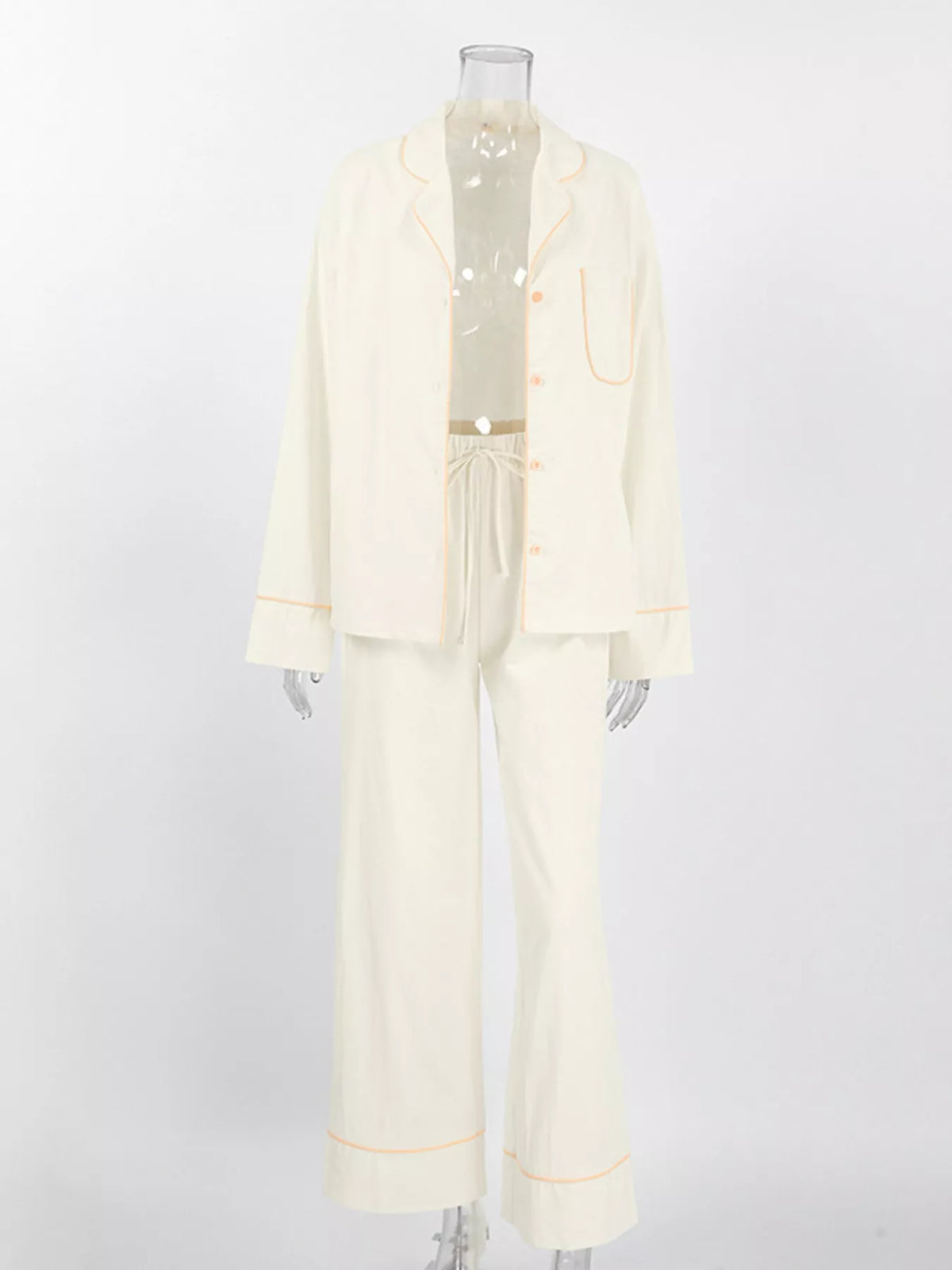 Contrast Trim Button-Down Top and Pants Lounge Set