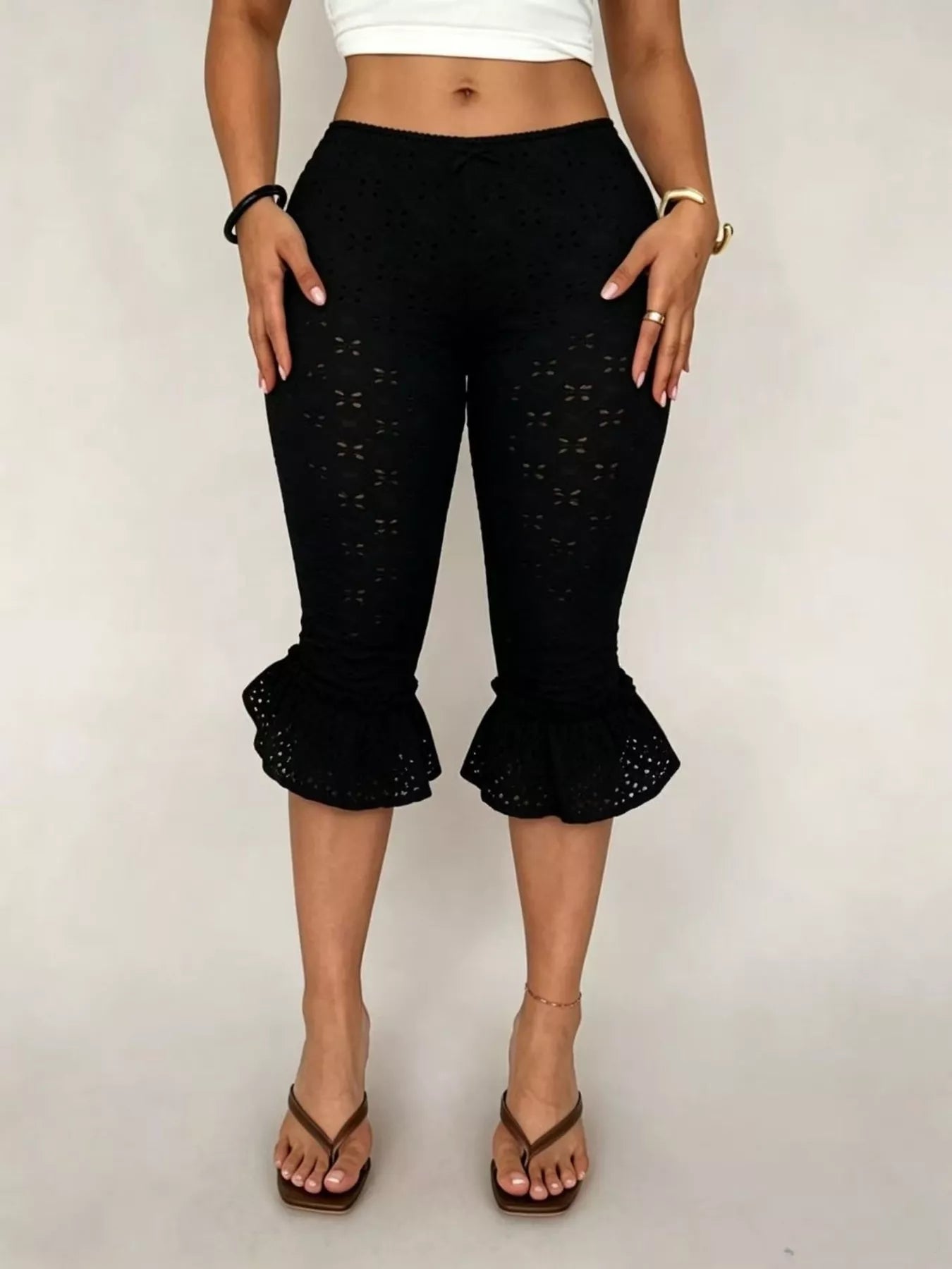 Eyelet Ruffled Cropped Pants