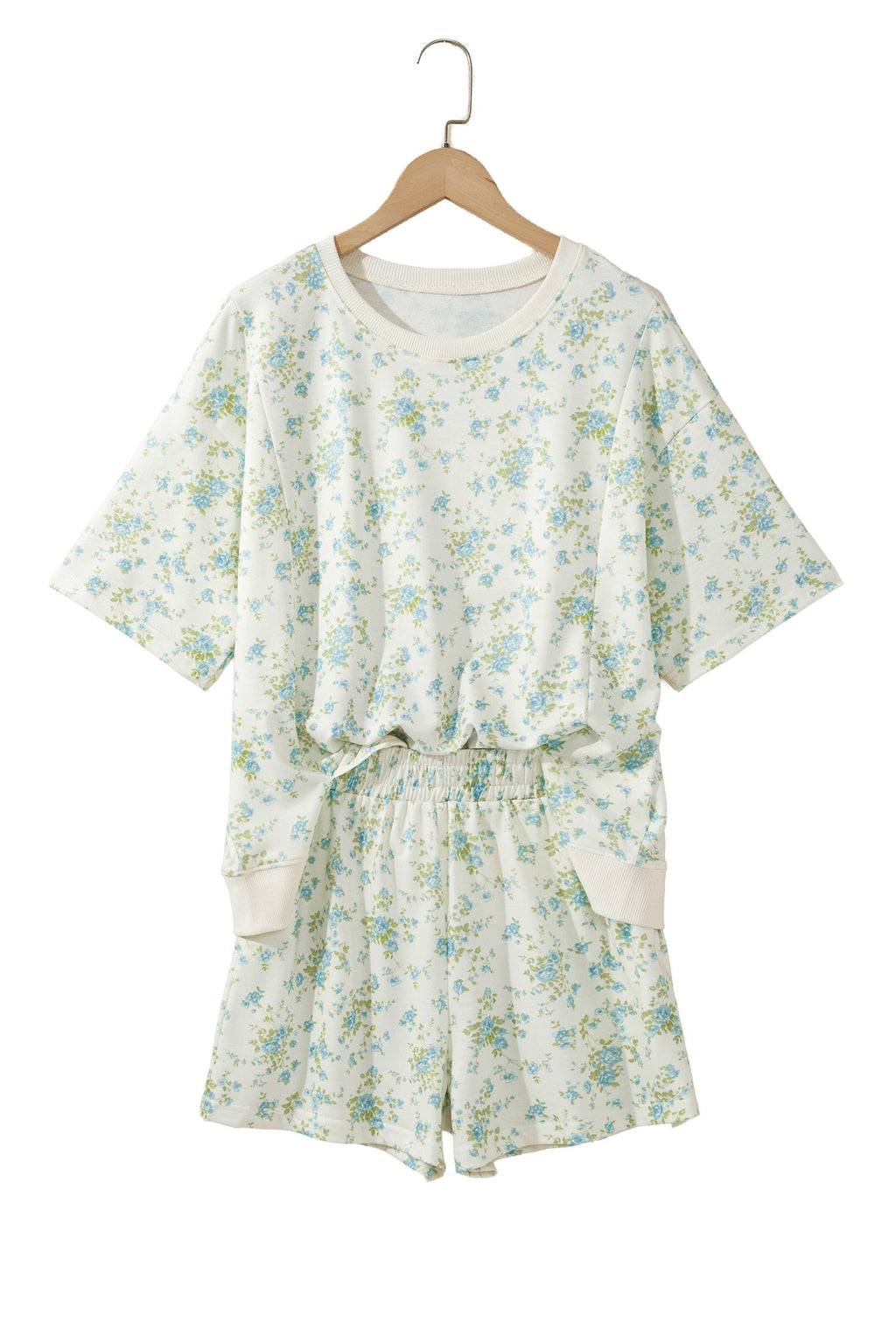 Sky Blue Floral Print Short Sleeve Elastic Waist Pocket Two Piece Set