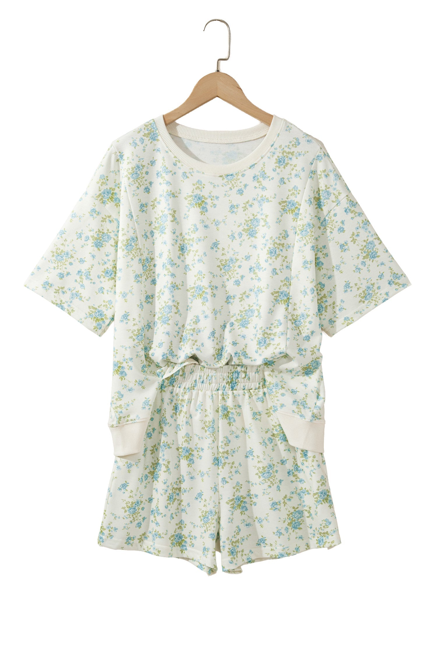 Sky Blue Floral Print Short Sleeve Elastic Waist Pocket Two Piece Set