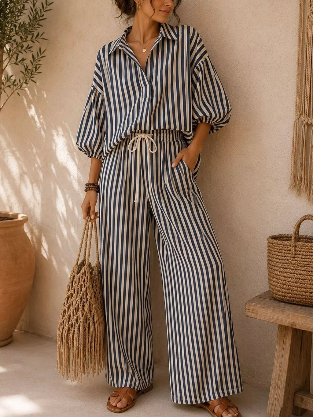 Full Size Striped Relaxed Fit Shirt and Wide-Leg Pants Set Plus Size