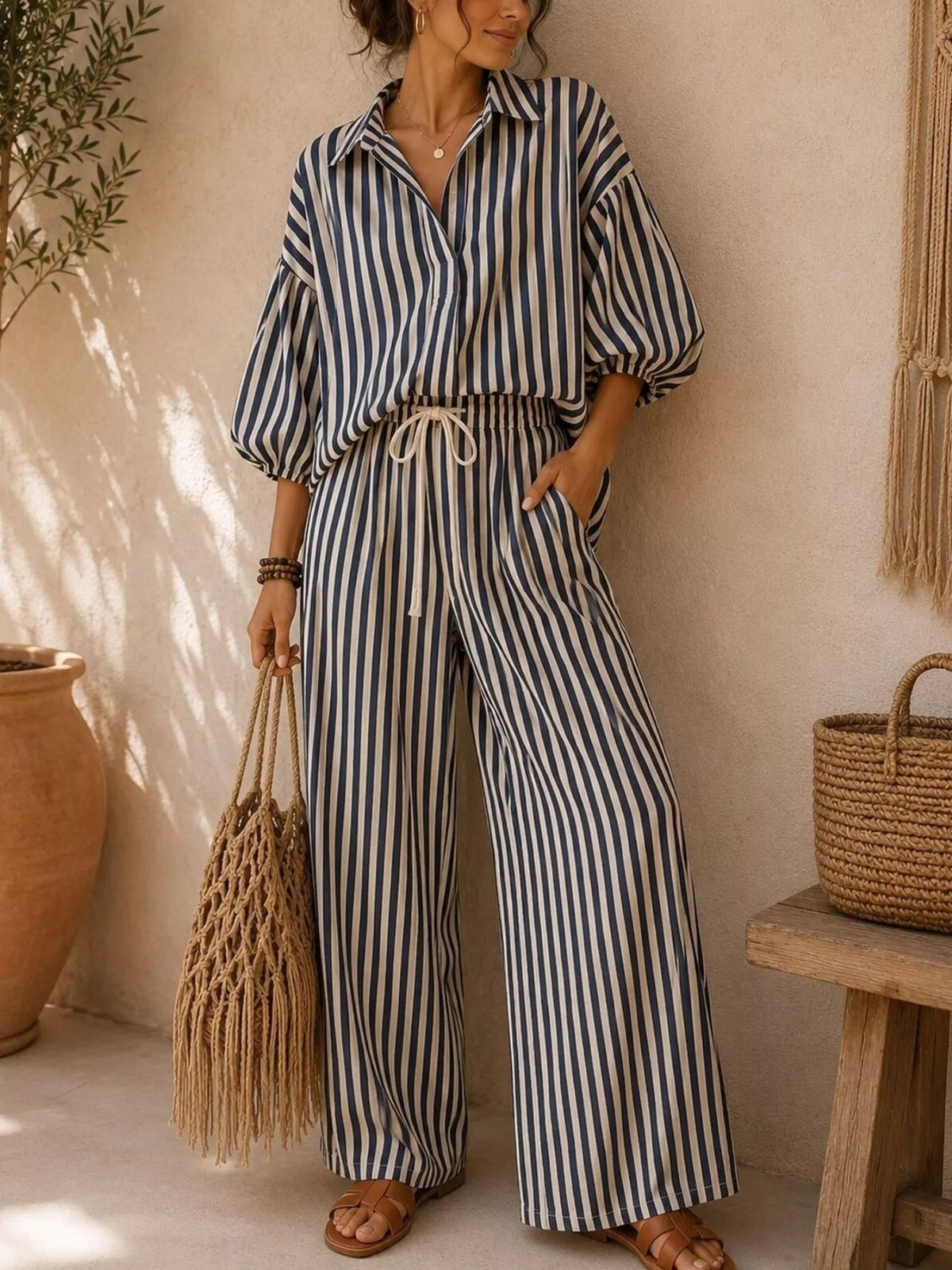 Full Size Striped Relaxed Fit Shirt and Wide-Leg Pants Set Plus Size