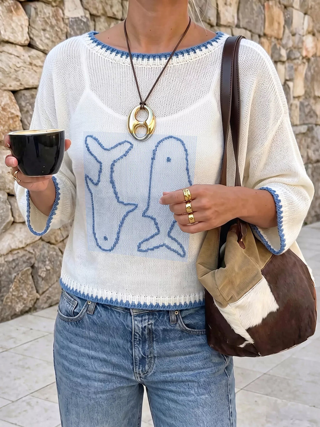 Fish Contrast Trim Knit Top