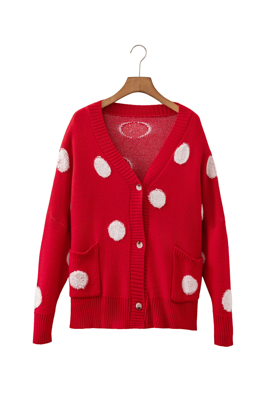 Beige Polka Dot Button Front Oversized V Neck Cardigan