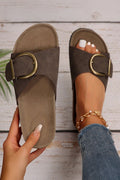 Coffee Buckle Decor Faux Suede Thick Sole Slippers