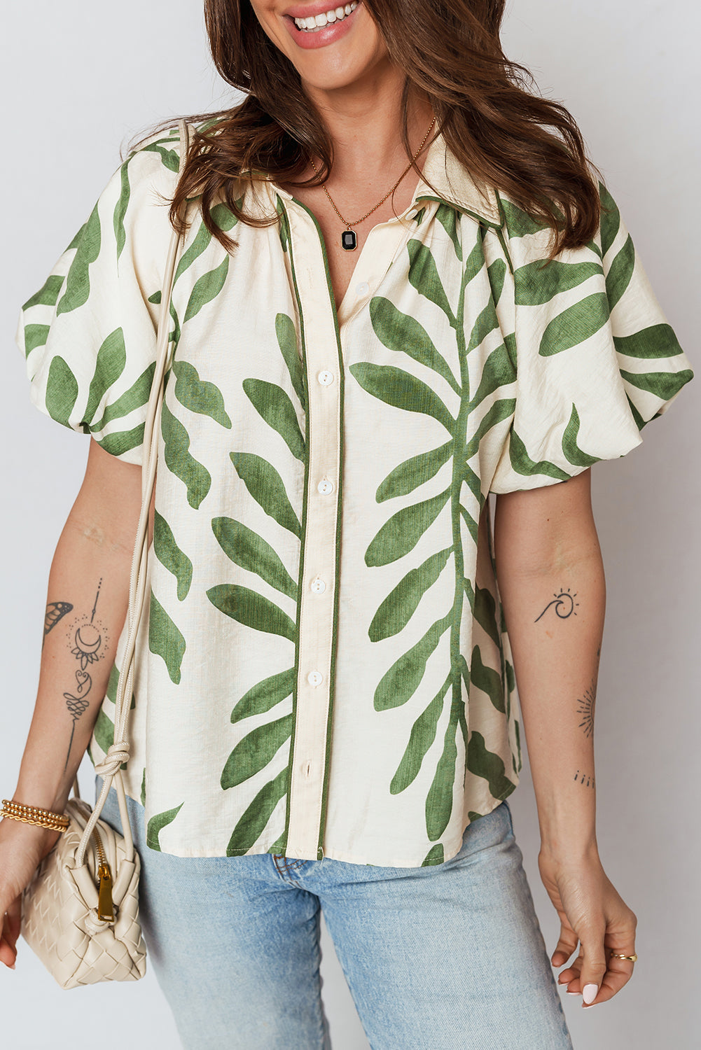 Leaf Short Balloon Sleeve Buttoned Shirt