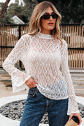 White Sheer Lace Bell Sleeve Mock Neck Blouse