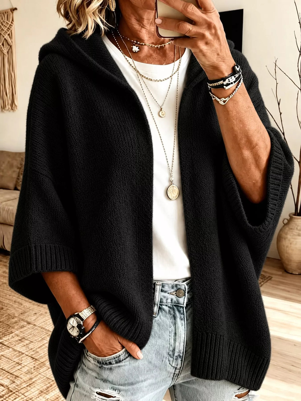 Full Size Hooded Open-Front Knit Cardigan Plus Size