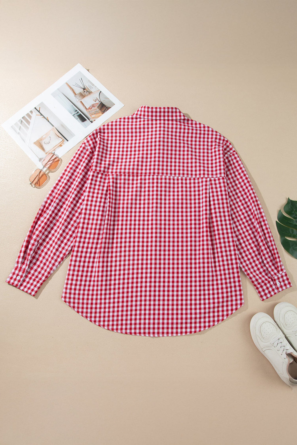 Red Plaid V Neck Long Sleeve Tunic Loose Fit Plus Size Shirt