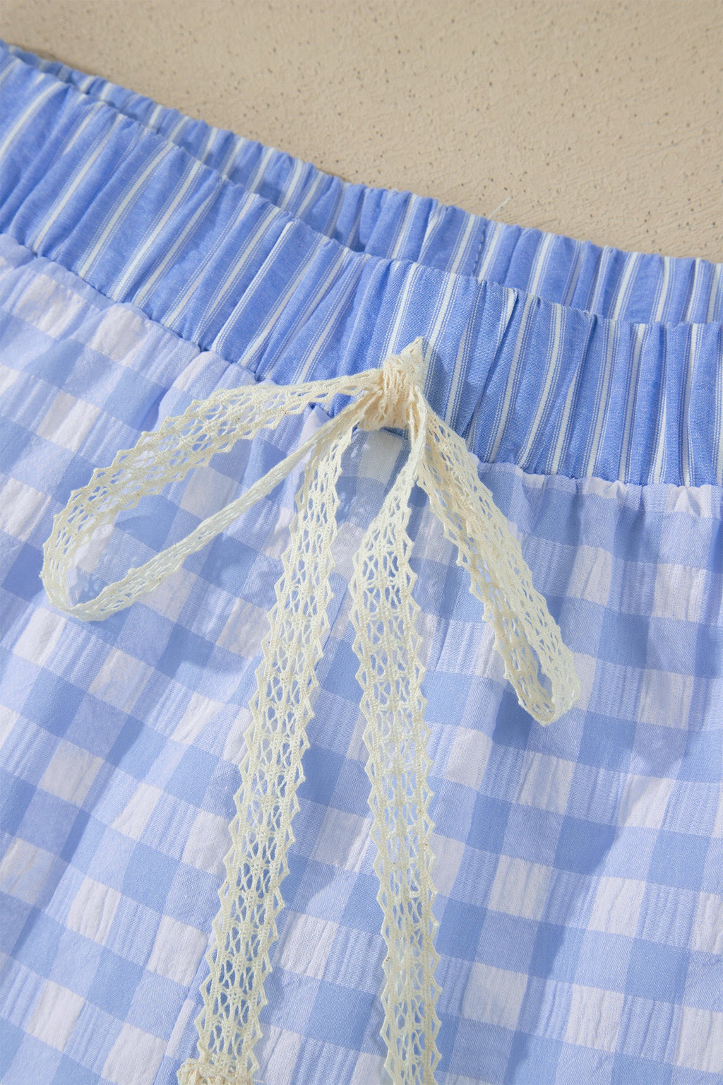 Sky Blue Gingham Print Ruffle Striped Detail Lace Tie Shorts