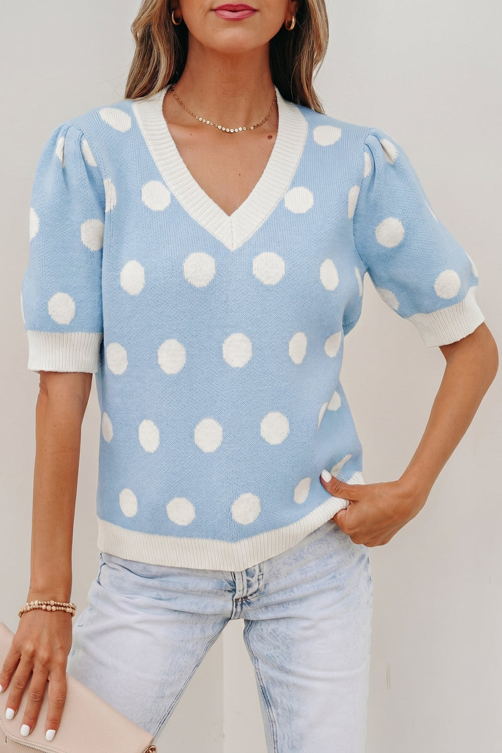 Light Blue Polka Dot Puff Short Sleeve Sweater Top
