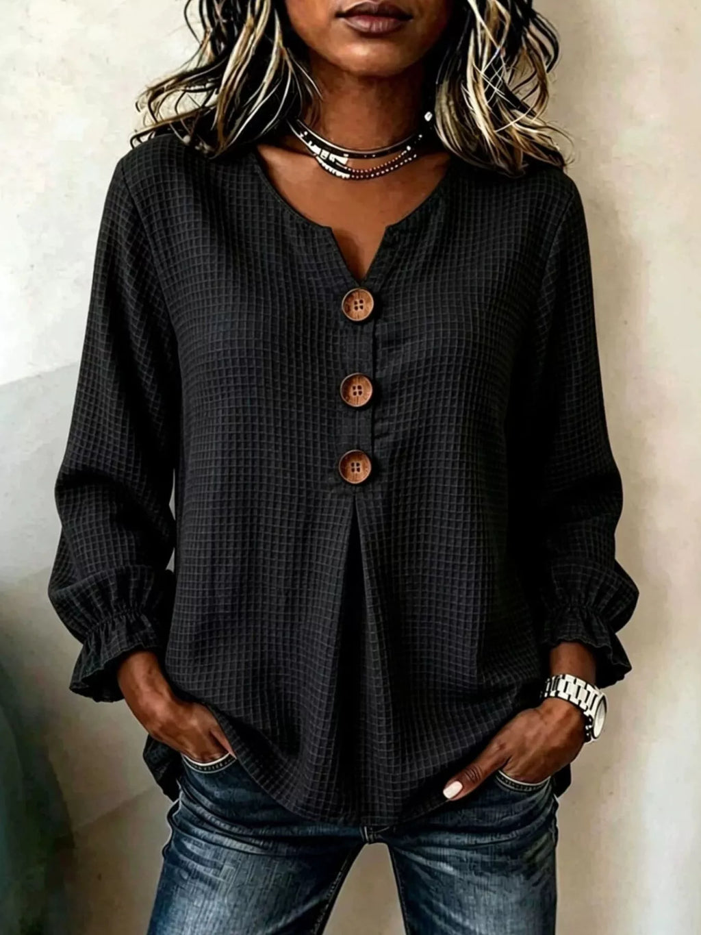 Full Size Waffle Knit Flounce Sleeve Blouse Plus Size