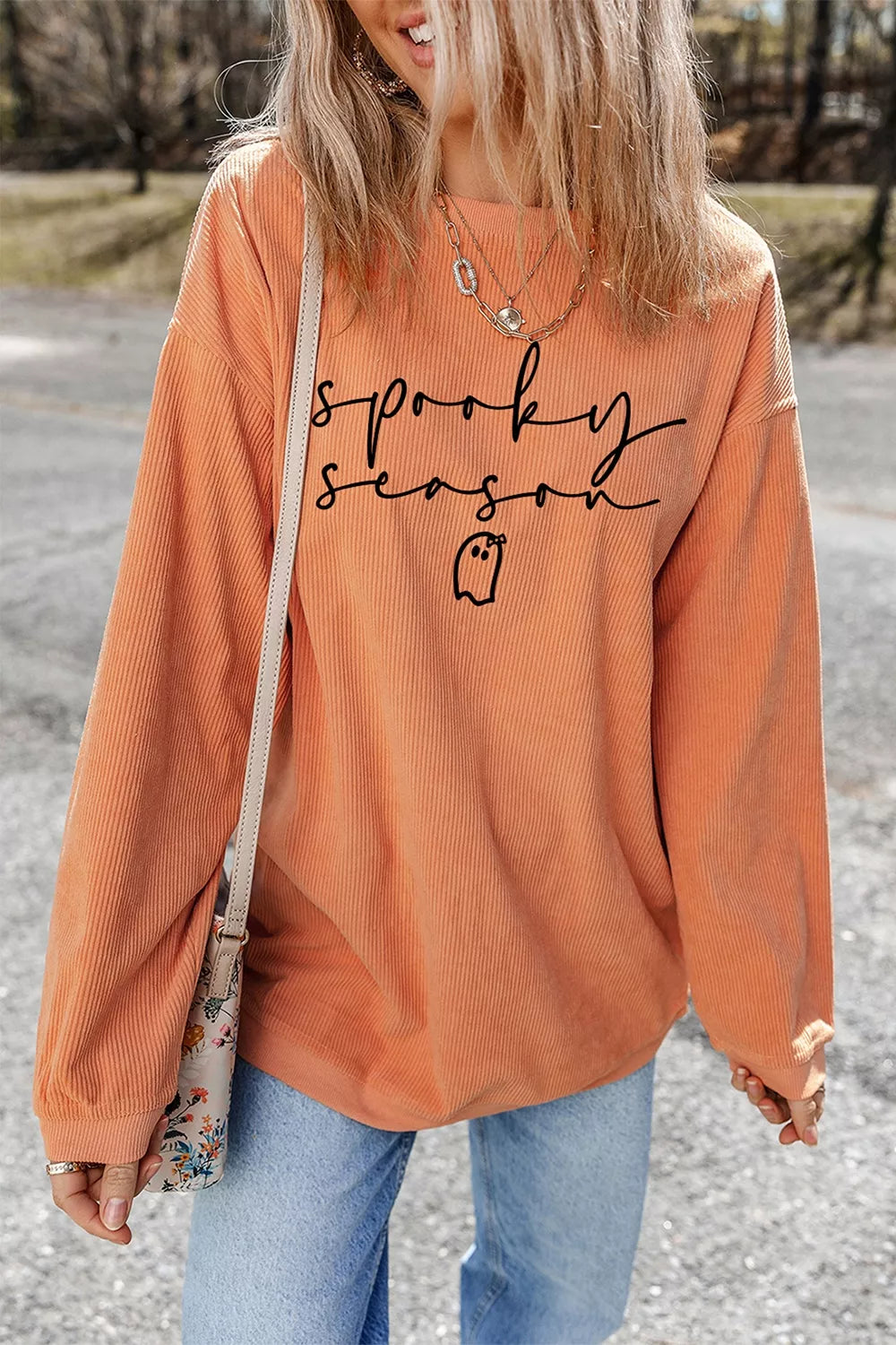 Spooky Season Ghost Letter Cozy Ribbed Pullover Sweatshirt
