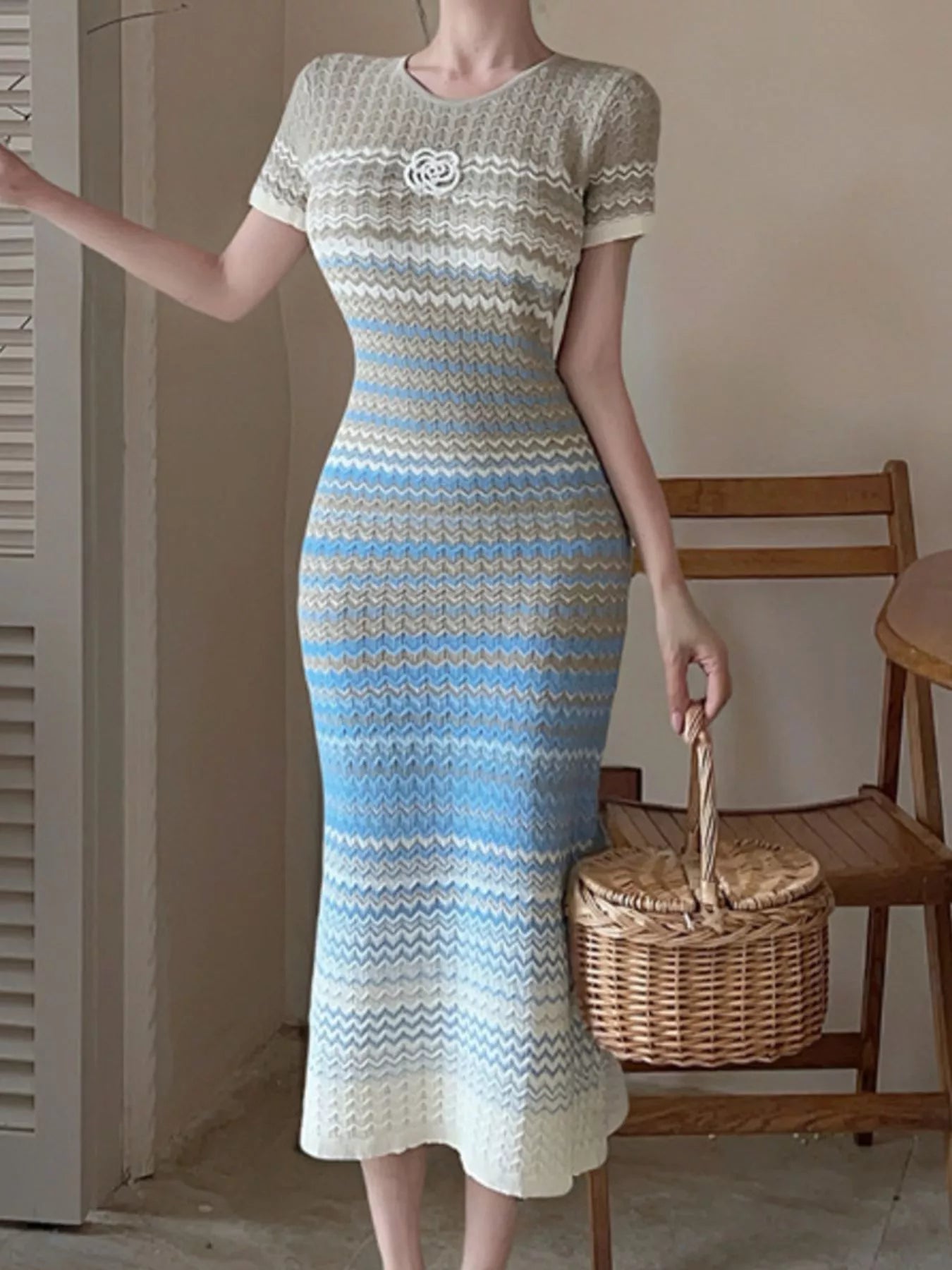 Gradient Knit Striped Short Sleeve Midi Dress