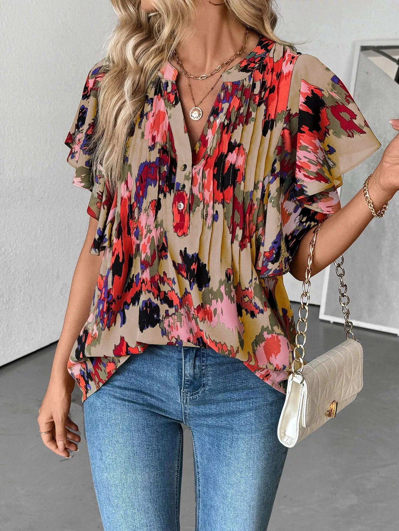 Abstract Print Flutter Sleeve Blouse