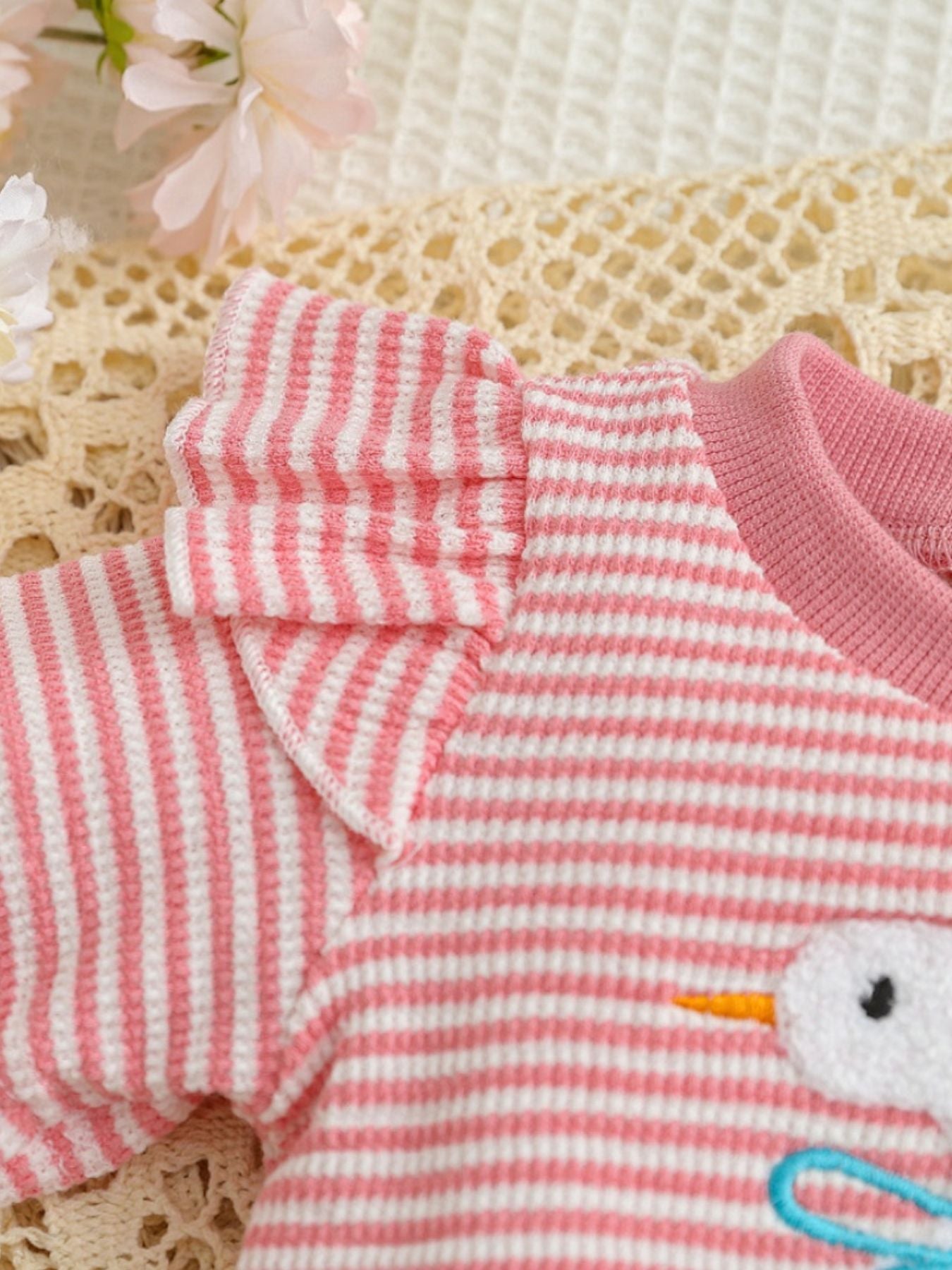 Children's Duck Embroidered Ruffle Sleeve Striped Top and Shorts Set