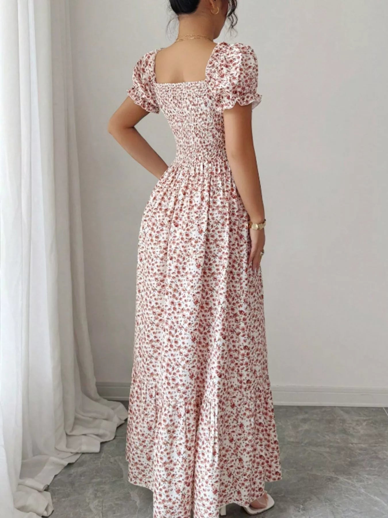 Floral Print Puff Sleeve Maxi Dress