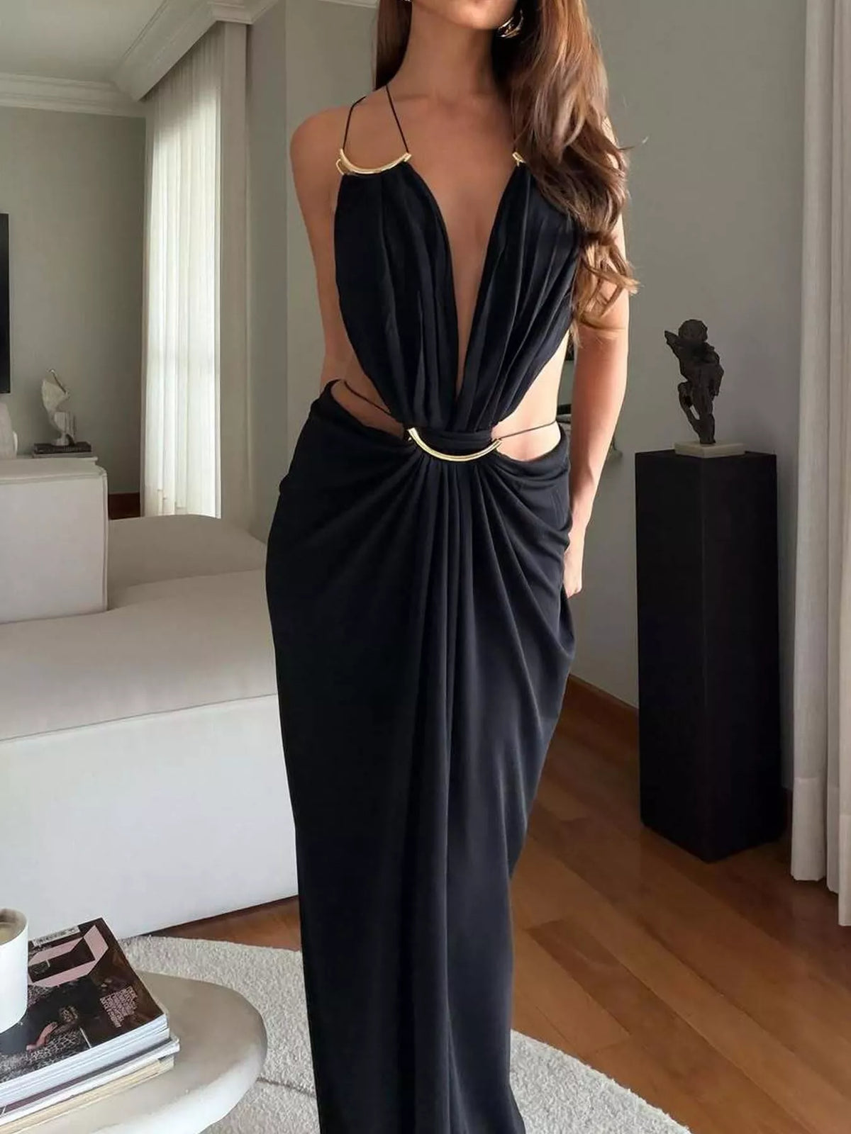 Backless Plunge Cut-Out Maxi Dress
