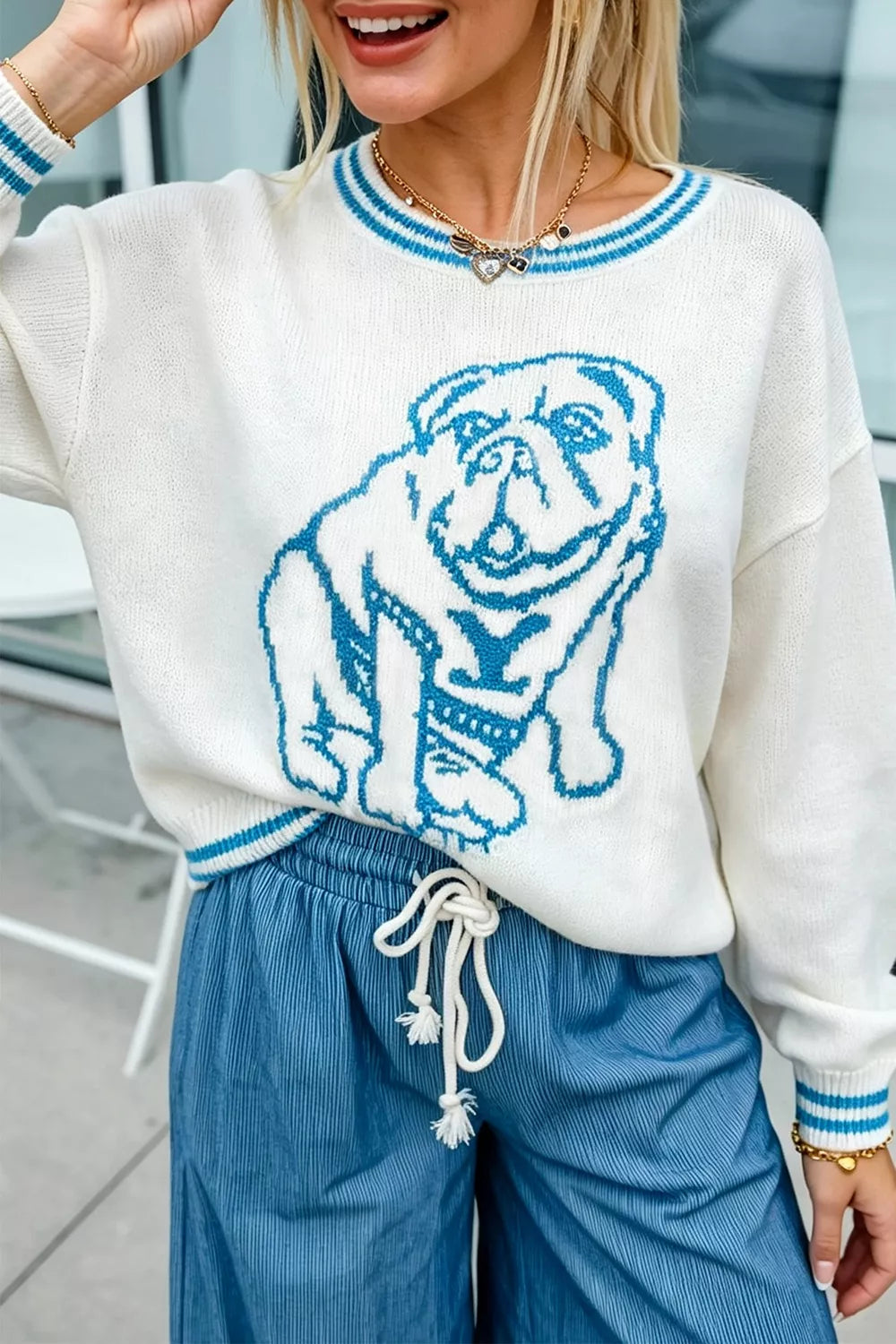 Bulldog Graphic Striped Trim Sweater