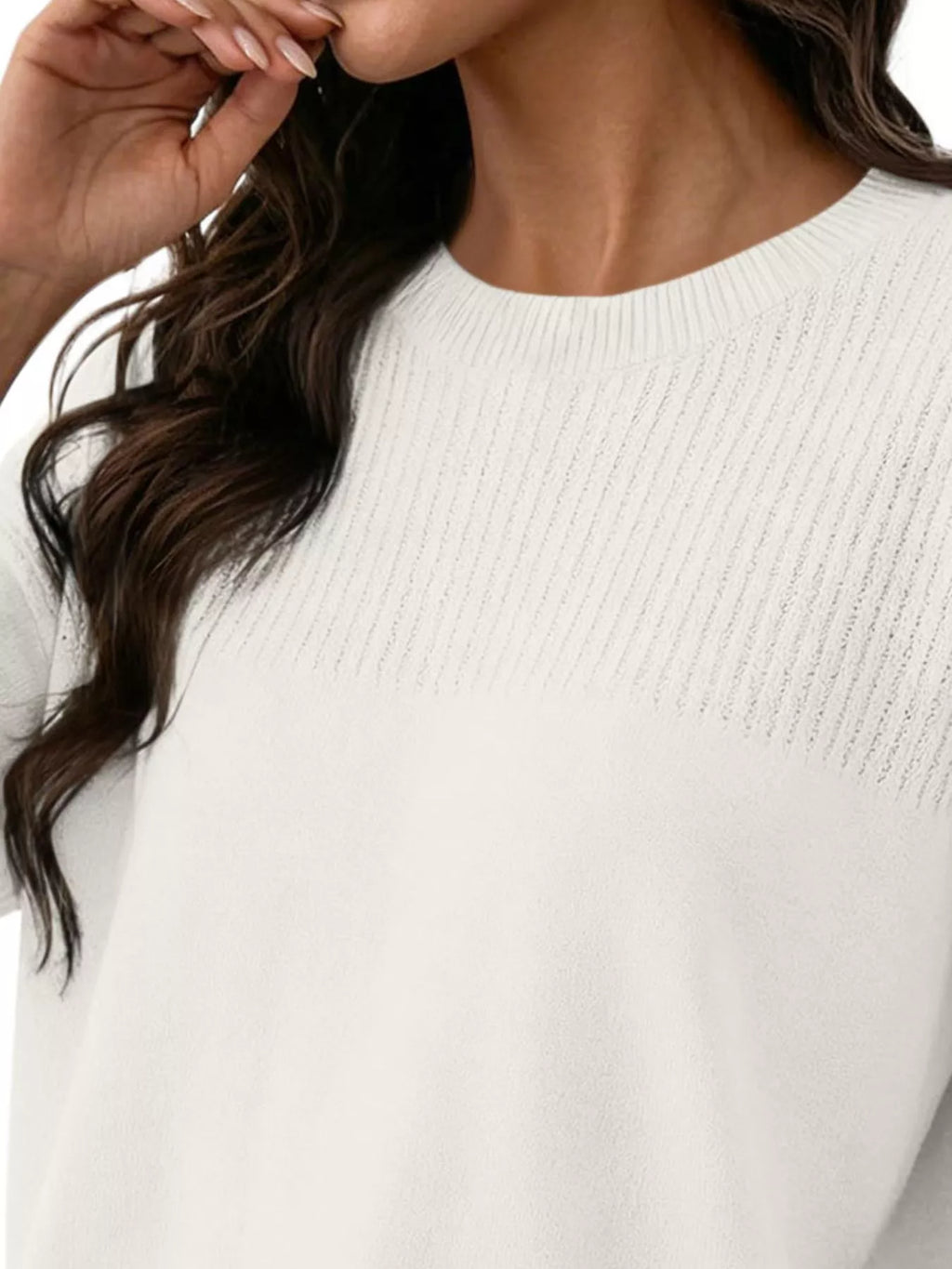 Elegant Crew Neck Eyelet Ribbed Sweater