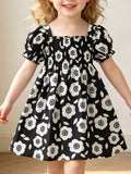 Children's Floral Print Square Neck Puff Sleeve Dress