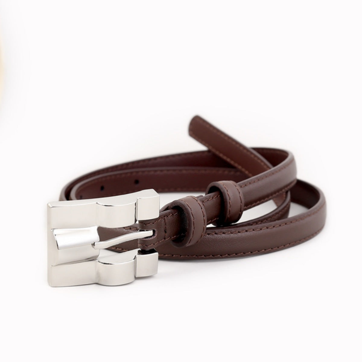 Skinny Leather Belt with Silver Buckle