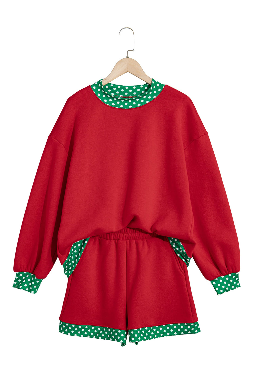 Racing Red Polka Dot Trim Baggy Pullover 2pcs Short Set