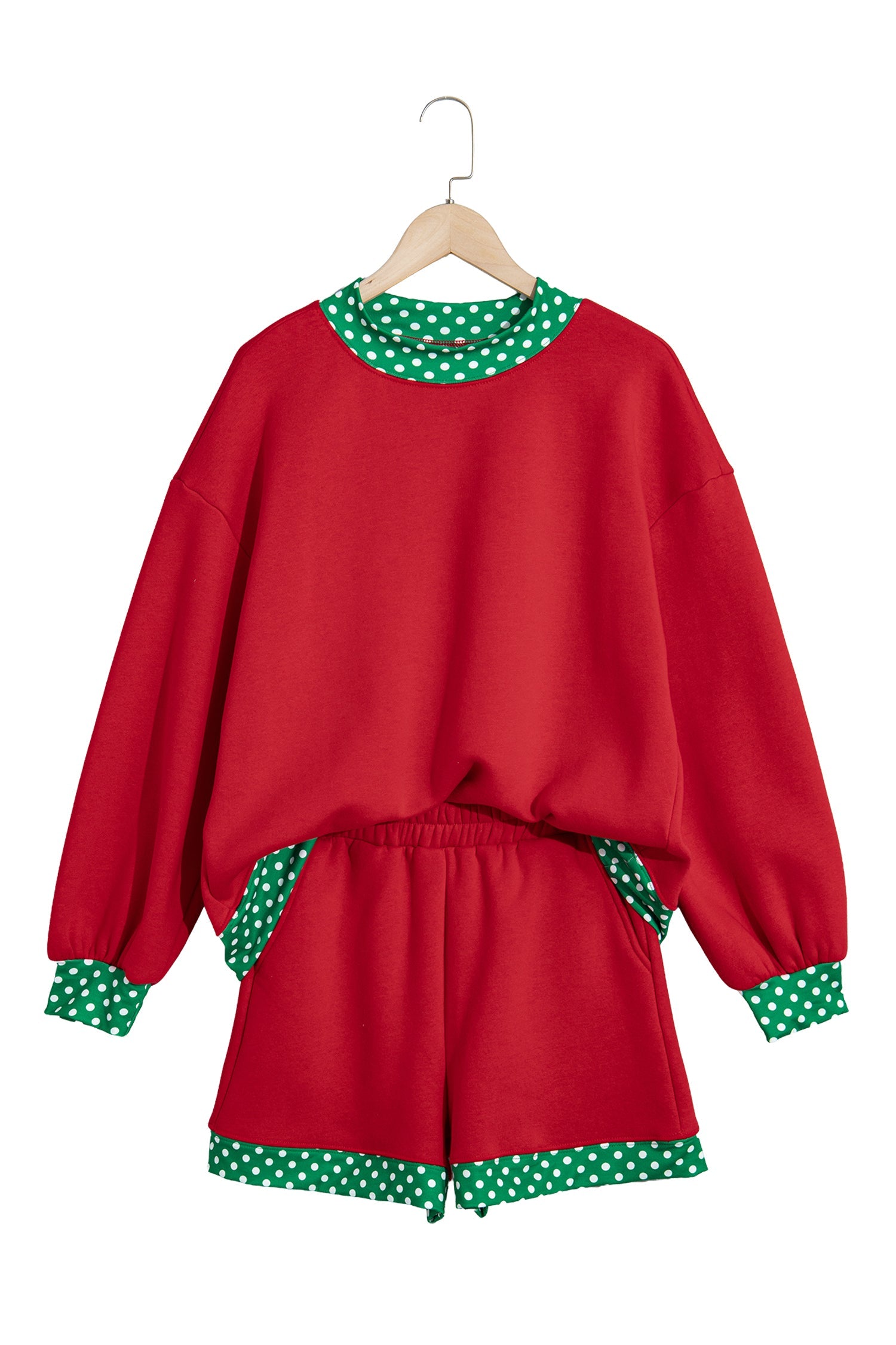 Racing Red Polka Dot Trim Baggy Pullover 2pcs Short Set