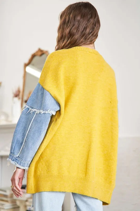 ADORA Full Size Frayed Denim Sleeve Sweater Cardigan Plus Size