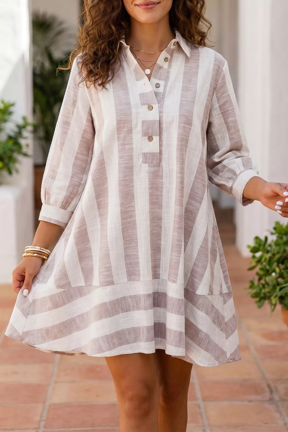 Striped Button-Up Three-Quarter Sleeve Shift Dress