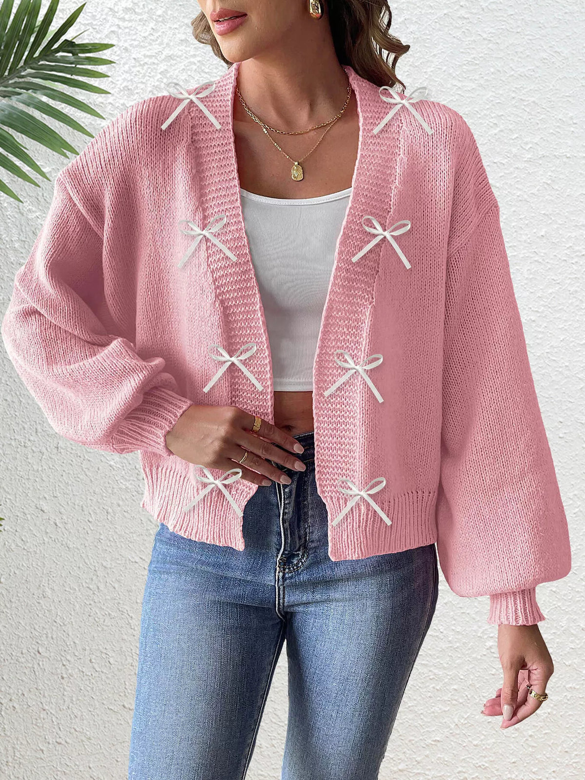 Bow-Tie Open Front Knit Cardigan