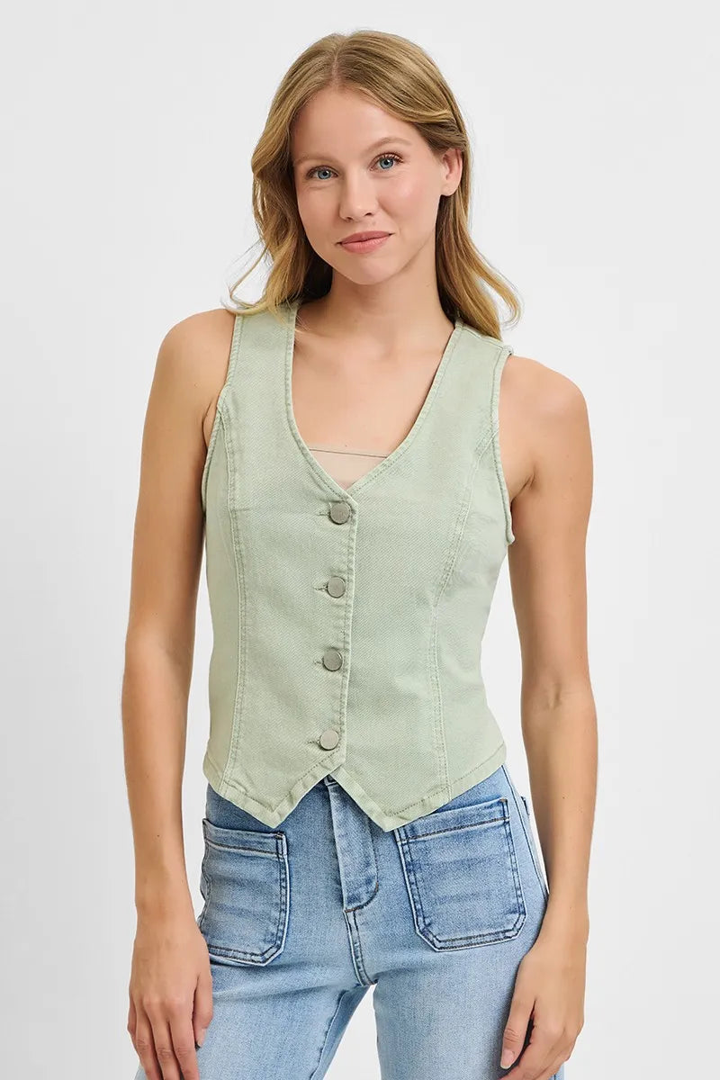 V-Neck Button Down Denim-Style Vest – Plus Size Available